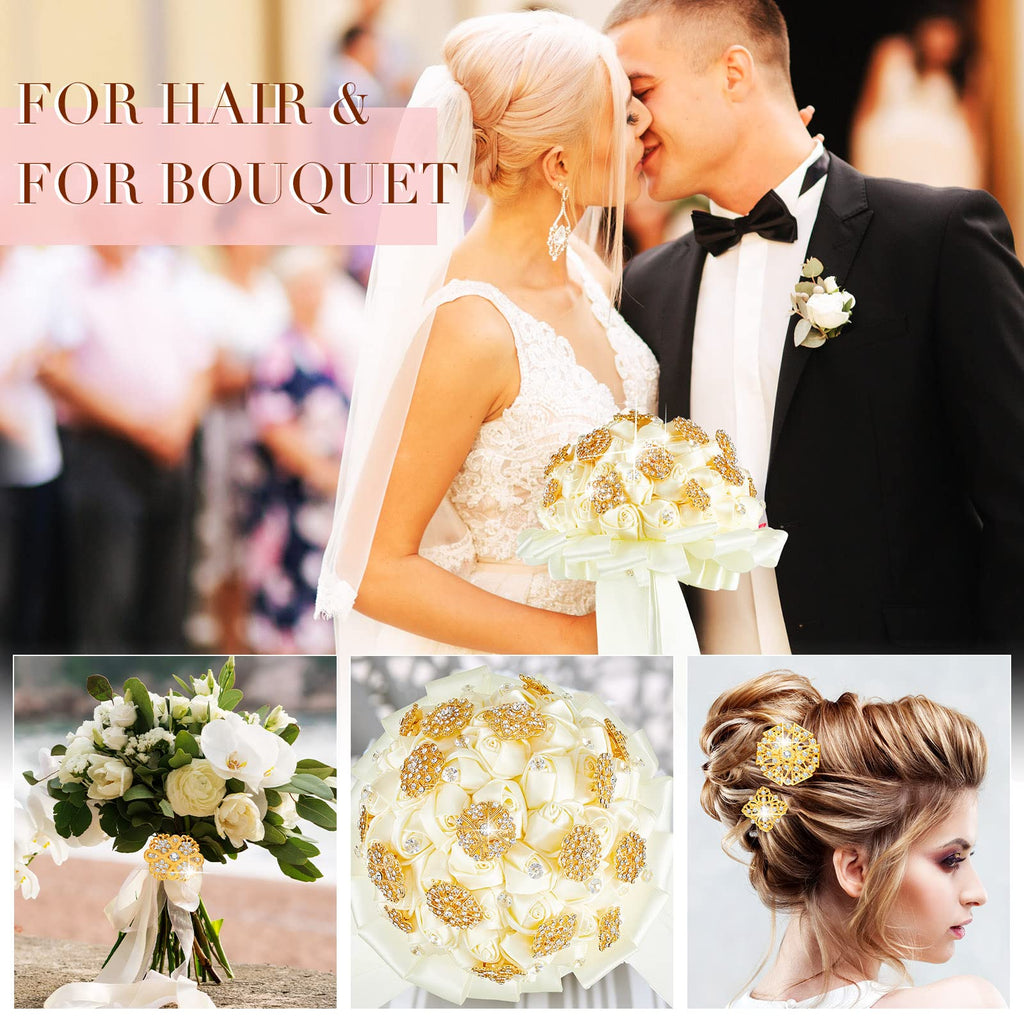 Kigeli 124 Pcs Rhinestone Bouquet Brooches Pins for Bridal Wedding,Gold