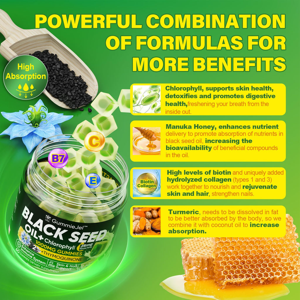 Black Seed Oil Gummies & Chlorophyll, Biotin 500mcg with Hydrolyzed Collagen, Raw Manuka Honey, Organic Cold Pressed - Ultimate Absorption for Skin, Hair & Nails, Digestive, Overall Health, 1 Pack