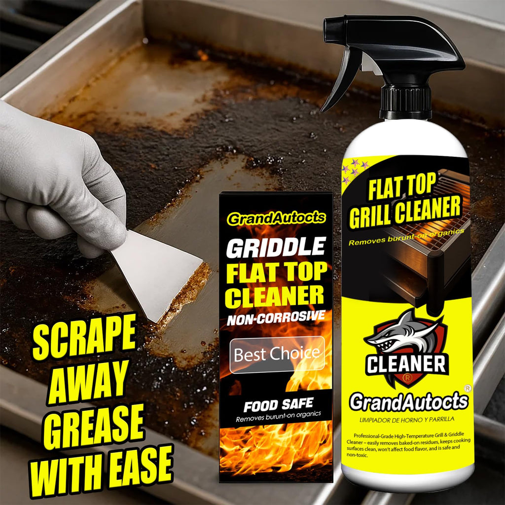 GrandAutocts Flat Top Grill Cleaner Kit， Grill & Griddle Cleaner - Non-Toxic Food Safe & Non-Caustic Formula, Removes Burnt-On Grease/Carbon (2 Pcs + Cleaning Tools)