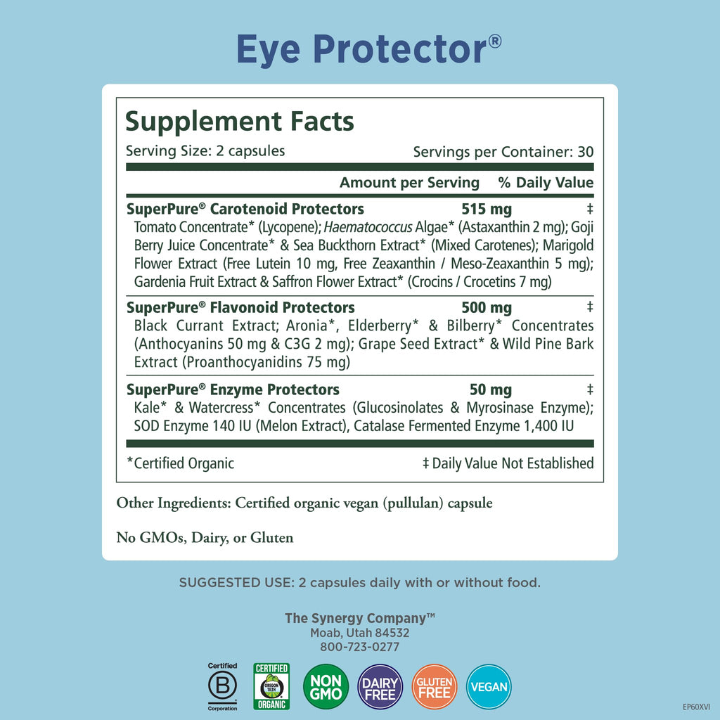 PURE SYNERGY Eye Protector | 100% Natural, Vegan Eye Health Supplement | with Organic Astaxanthin, Lutein, & Zeaxanthin | for Healthy Vision (60 Capsules)