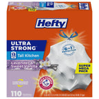 Hefty Ultra Strong 13 Gallon Trash Bags, Tall Kitchen, Drawstring Closure, Odor Control, White, Lavender, Sweet Vanilla, 110 Count