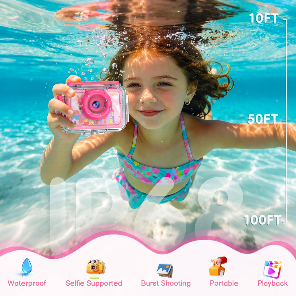 GKTZ Kids Waterproof Underwater Camera 1080P 4X Zoom 2"IPS Screen 32GB Card