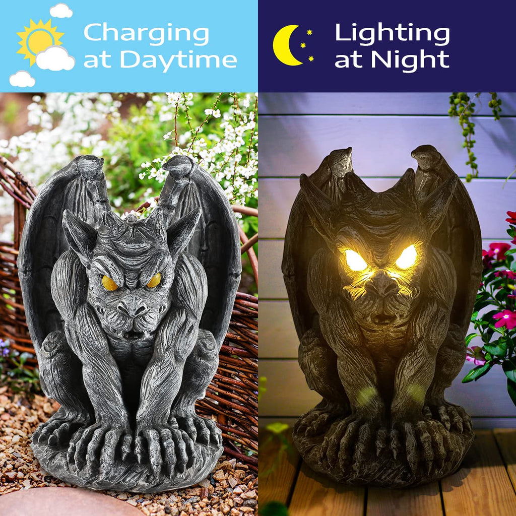MIBUNG Large Winged Gargoyle Statue with Solar Lights Outdoor Decor, Sitting Gargoyle Monster Dragon Garden Guardian Gothic Creep Scary Sculpture, Patio Yard Lawn Decorations, Valentine's Day Gift
