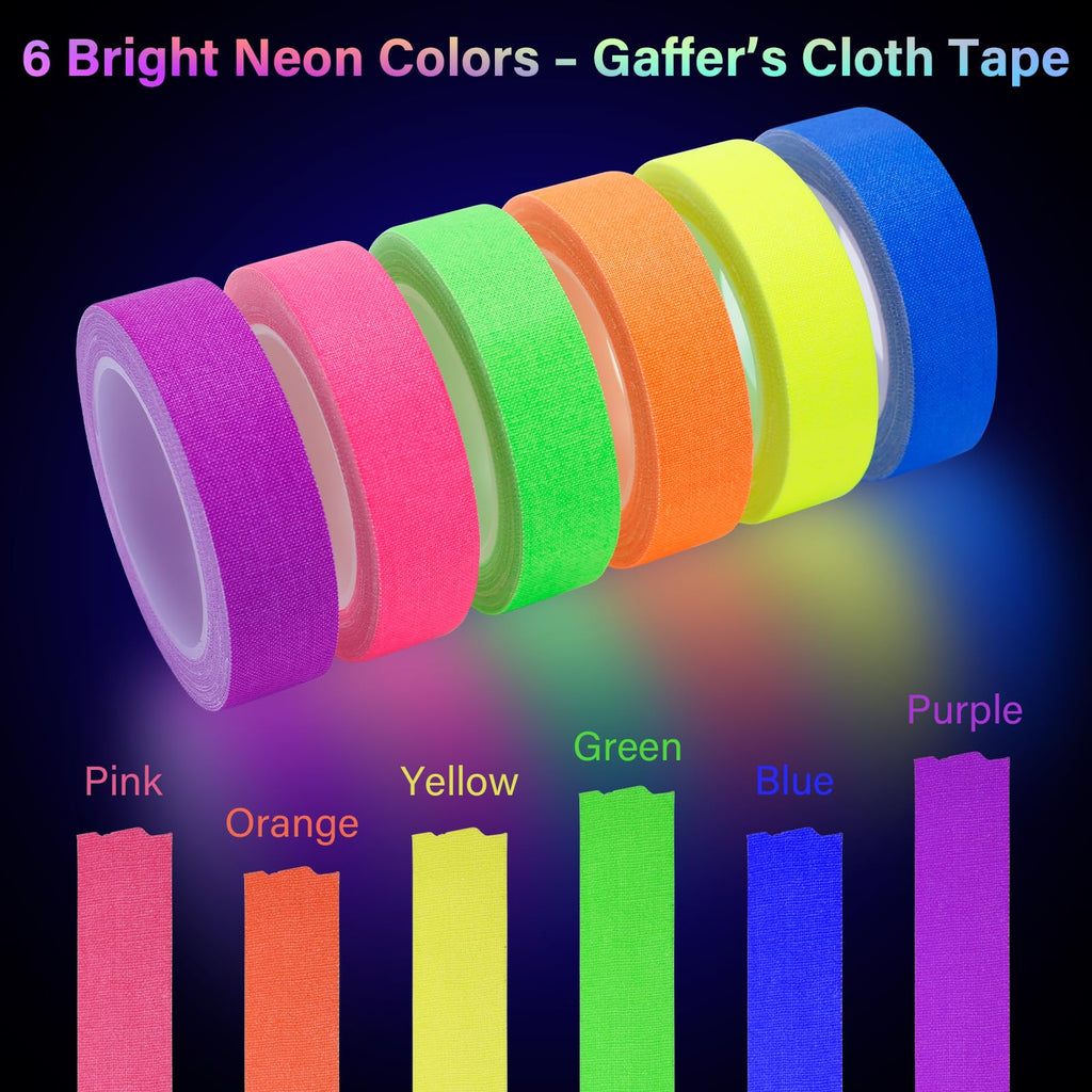 Ealyder Tape 6 Colors Neon Gaffers Cloth Tape - 1 inch x 40 feet, Fluorescent Colors Blacklight Glow Tape for UV Party, Marking, No Residue 6 Pack (Requires UV/Blacklight, Not Glow-in-the-Dark)