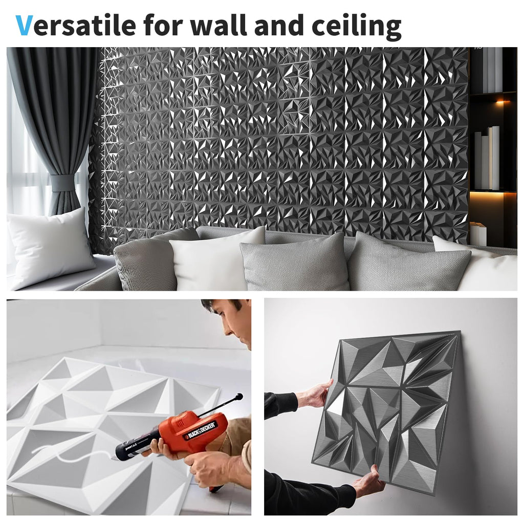 Art3d 33-Pack 3D Wall Panels - Diamond Textured Feature Paneling for Gaming, Living Room, TV Wall - 12 x 12 inch Silver
