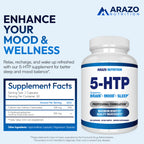 5-HTP 200 MG Per Serving Plus Calcium for Mood, Sleep – Supports Calm and Relaxed Mood – 99% High Purity – 120 Capsules – Arazo Nutrition