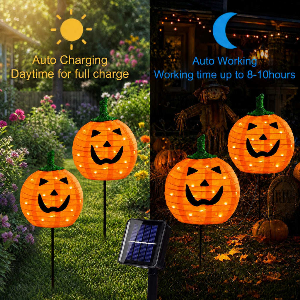 Solar Halloween Pumpkin Lights, 2 Pack Outdoor Pathway Stake Lights