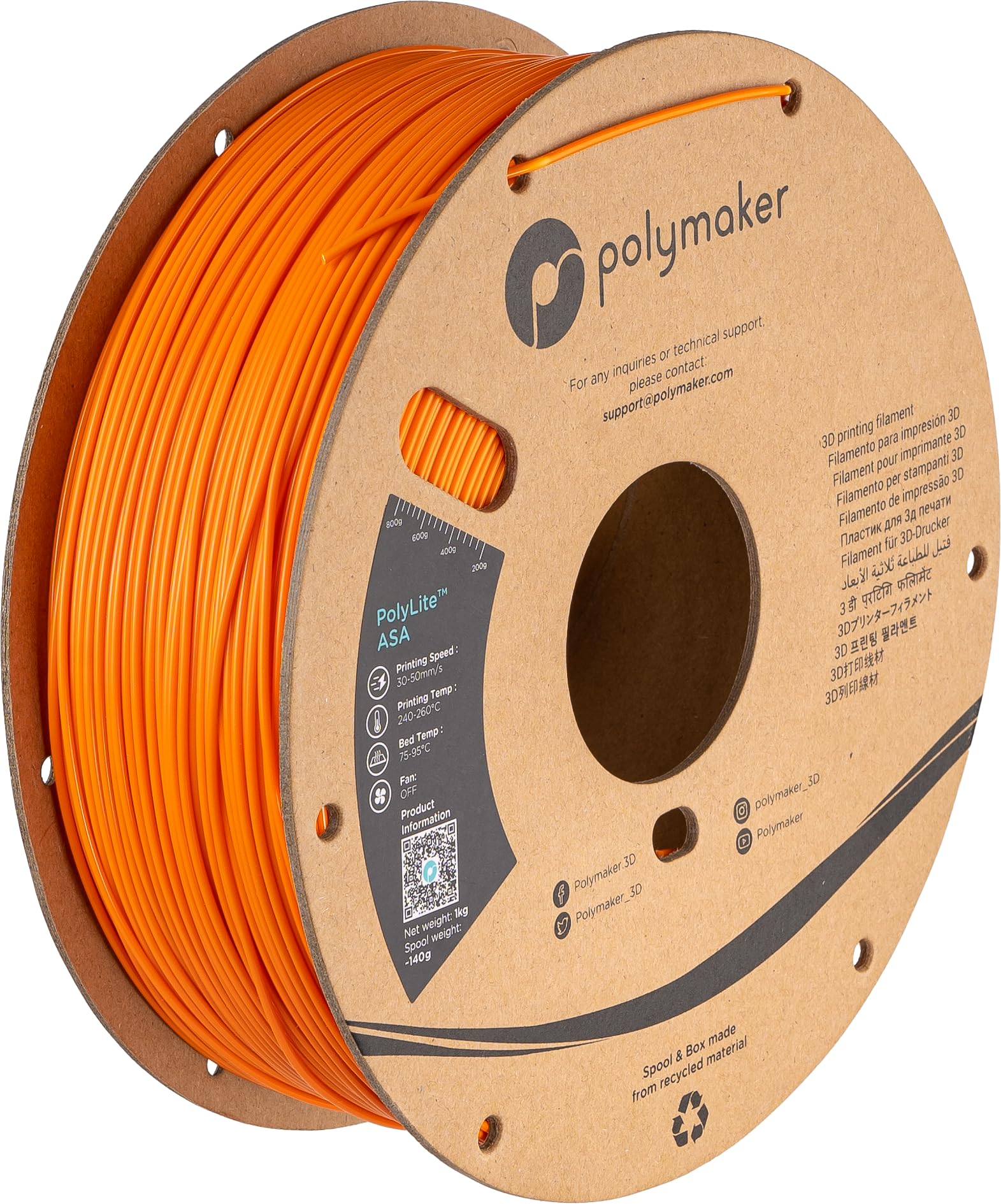 Polymaker ASA Filament 1.75mm Orange, 1kg ASA 3D Printing Filament, Heat & Weather Resistant - ASA 3D Printer Filament Perfect for Printing Outdoor Functional Parts