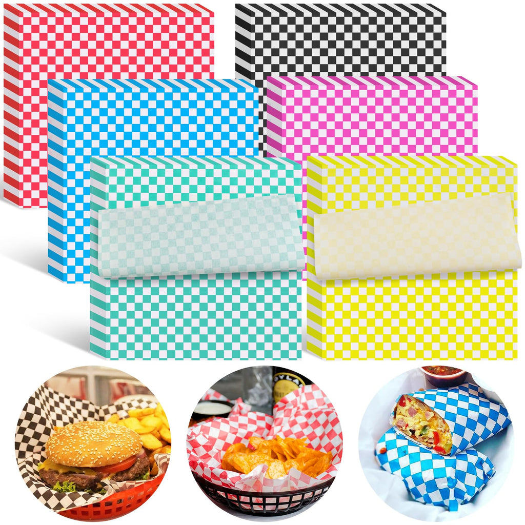 Ninsula Deli Paper Sheets 126P, 11.5x11.5 In Checkered Sandwich Paper Wraps, 6 Colors Basket Liners For Food Serving, Grease Resistant Burger Wrappers for BBQ, Picnic, Party(Colorful)