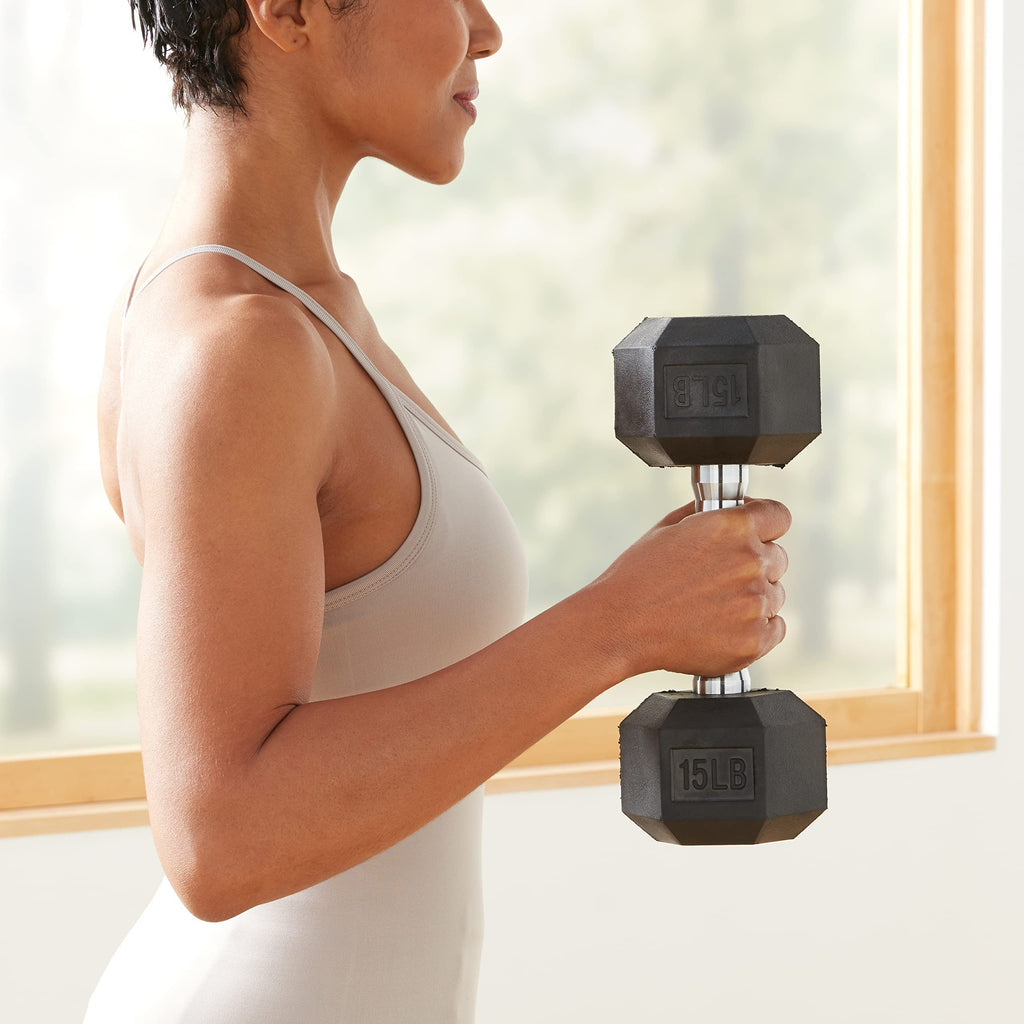 Amazon Basics Rubber Hex Dumbbell Hand Weight with Comfortable Grip for Home and Gym, 15 Pounds, Single