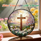 Cross and Wildflowers Stained Glass Sun Catcher Christian Window Hanging