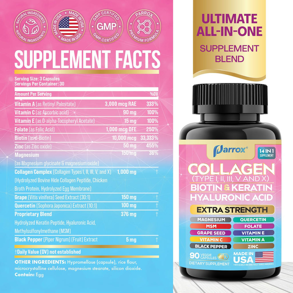 Parrox Collagen Peptides Types I, II, III, V & X, MCG Biotin, Keratin, Hyaluronic Acid, MSM, Zinc, Grape Seed Extract, Quercetin, Vitamin A, Vitamin C, Vitamin E, Magnesium, Folic Acid (90 Capsules)