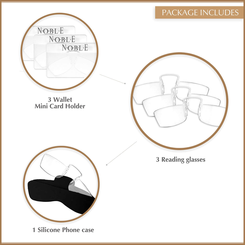 Noble Small Reading Glasses (3 Pack) - Rimless Readers with 3 Wallet Credit Card Holders and 1 Cell Phone Case - Pocket Magnifying Cheaters for Men and Women (+1.50)