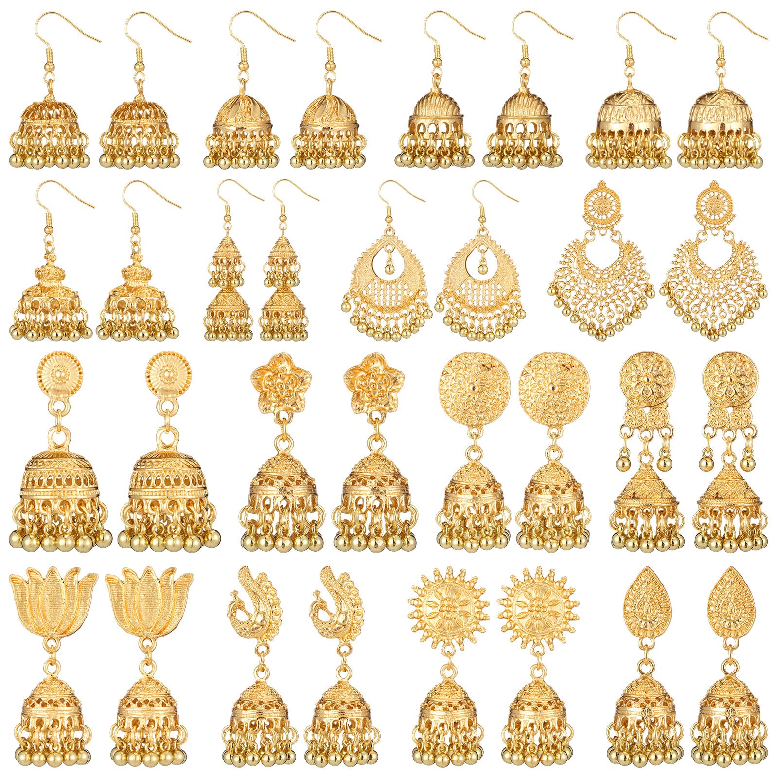 Nosiny 16 Pairs Jhumka Indian Earrings for Women Bell Dangle,Gold
