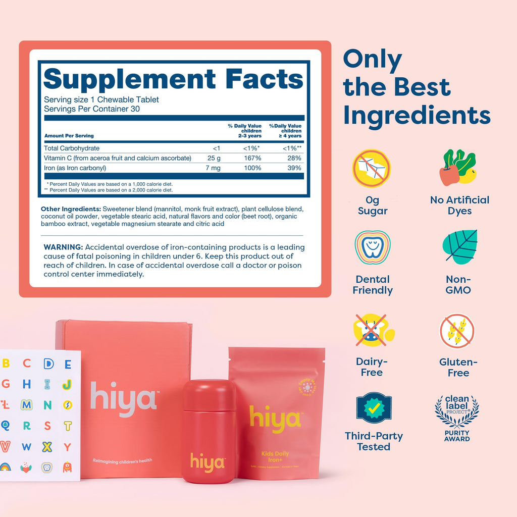 Hiya Iron+ Supplements for Kids - High Absorption Iron Supplement - Delicious Strawberry Flavor & Easy on Children's Stomach - No Added Sugar & Third Party Tested - 30 Day Refill Supply for Toddlers