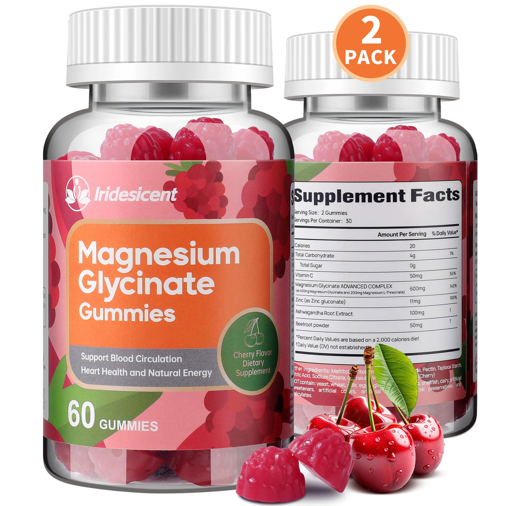 IRIDESICENT Magnesium Glycinate Gummies 400mg, Sugar Free Magnesium Supplement w/Ashwagandha, Zinc, Vegan Magnesium Glycinate Supplement for Adults - 120 Cherry Gummies