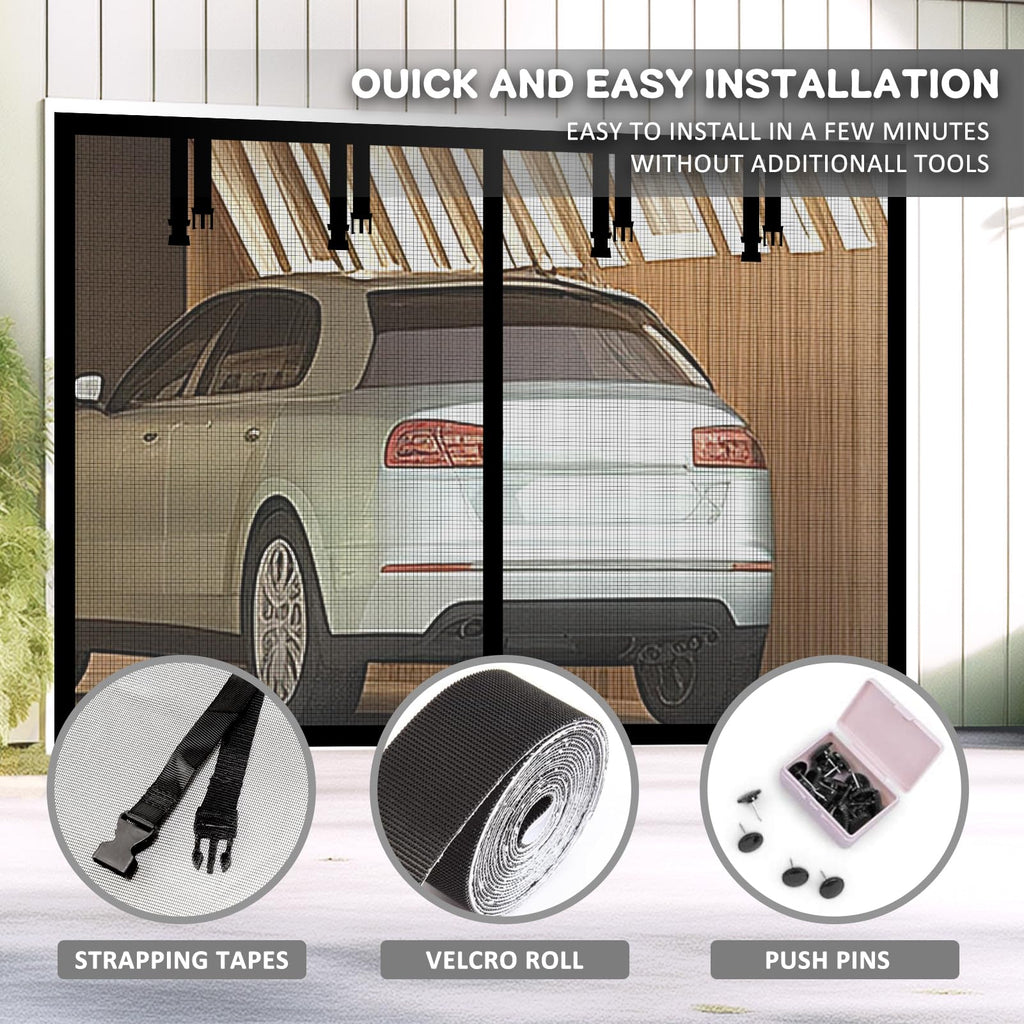 Magnetic Garage Door Screen for 1 Car 9x7 ft Single Garage Door Mesh Screen Curtain Cover Kit with Hook and Loop, Black
