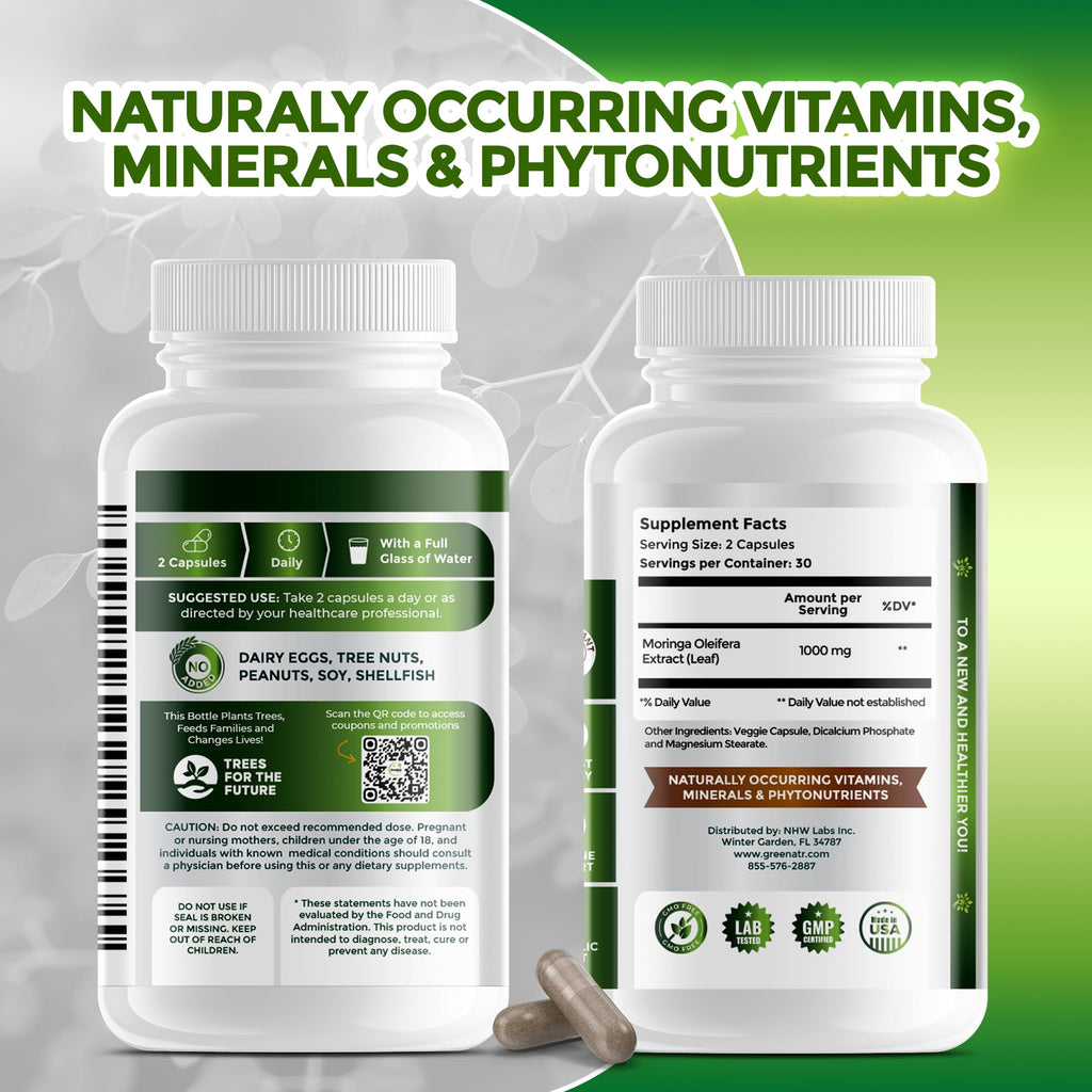Pure Moringa Oleifera Green Superfood Capsules with Vitamin C, Omega 3 & Amino Acids - Boosts Energy, Mood, Memory, Immune Support - Made from Organic Moringa, Non-GMO - 60 Capsules (1 Bottle)