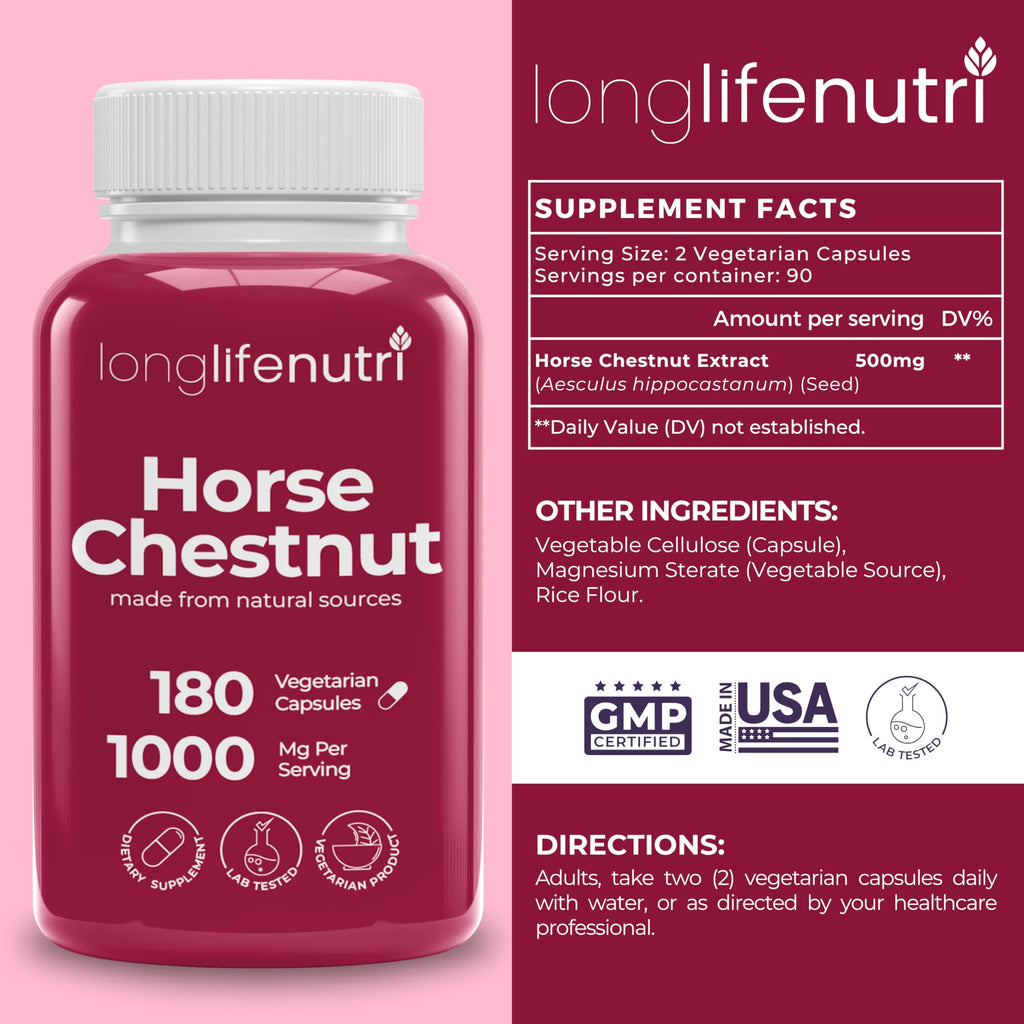 LongLifeNutri Horse Chestnut Extract 500mg - 180 Vegetarian Capsules, Organic Supplement for Daily Wellness & Circulation, 3-Month Supply, GMP Certified, Made in USA