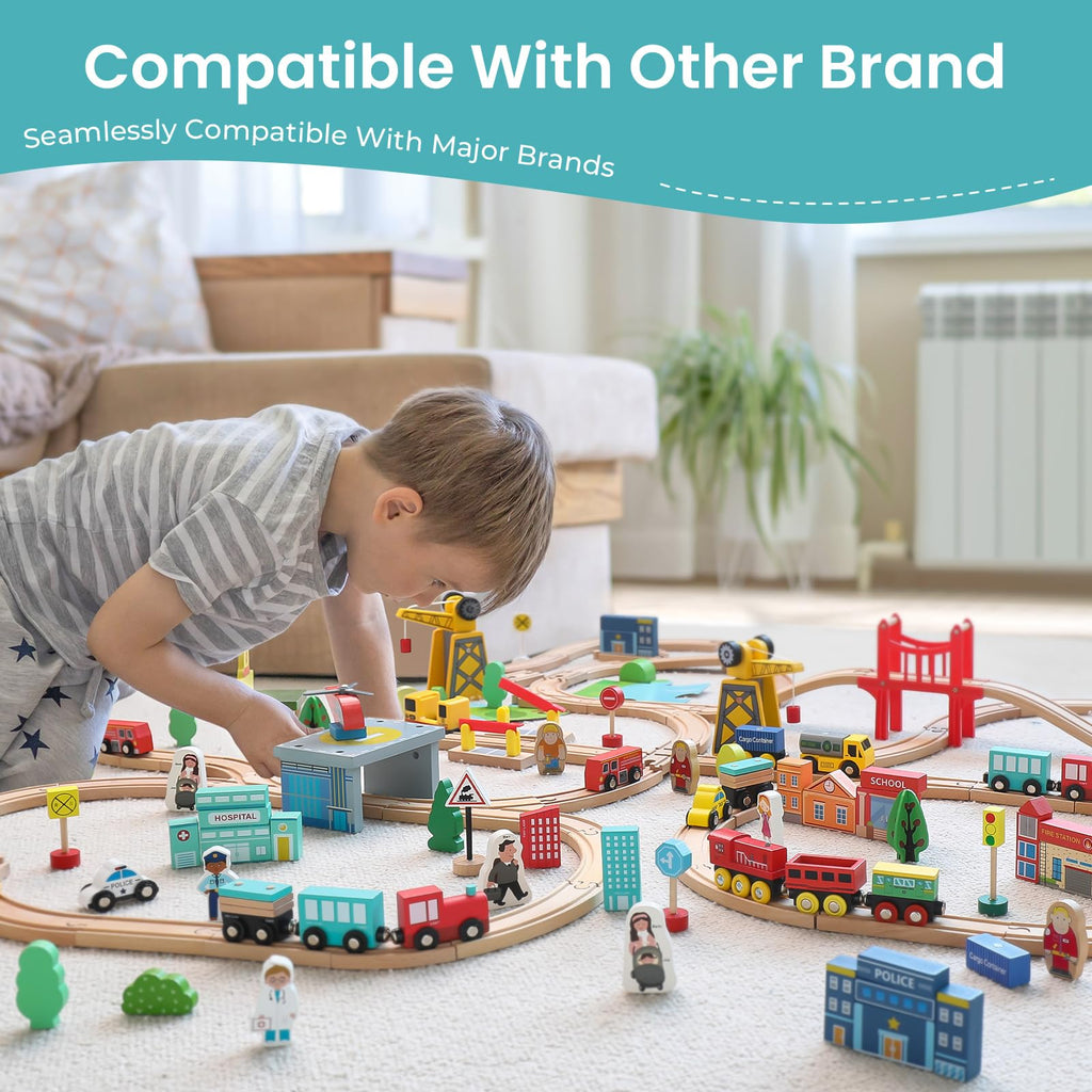 Tiny Land 39 Pcs Wooden Train Set for Toddler Ages3+ with Wooden Tracks