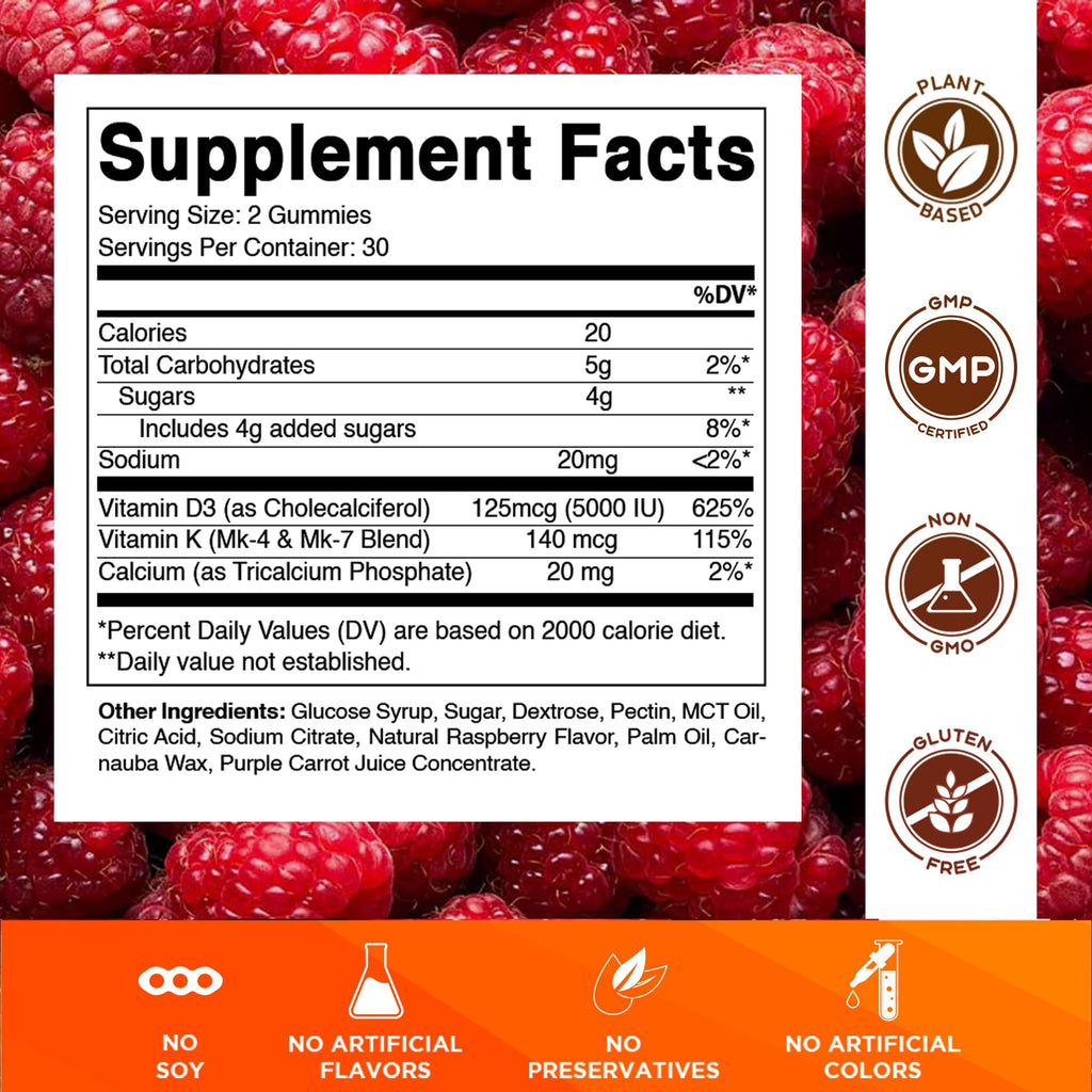 Vitamatic Vitamin D3 & K2 Gummies (2-Pack, 60 Count) Supports Healthy Bones, Heart Health, Calcium Absorption, and Immune Function Plant-Based, Non-GMO, Gluten-Free