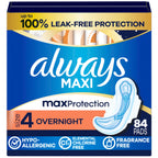 Always Maxi Overnight Pads with Wings for Women, Size 4, Overnight Absorbency, Unscented, 84 Count (3 Packs of 28)