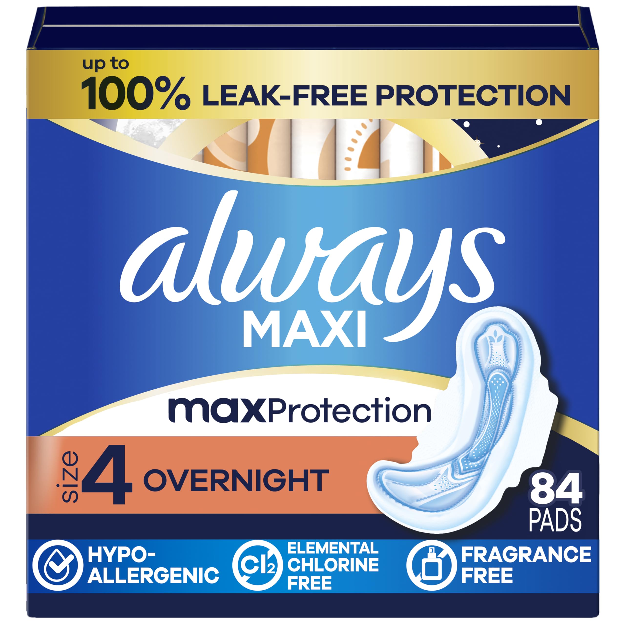 Always Maxi Overnight Pads with Wings for Women, Size 4, Overnight Absorbency, Unscented, 84 Count (3 Packs of 28)