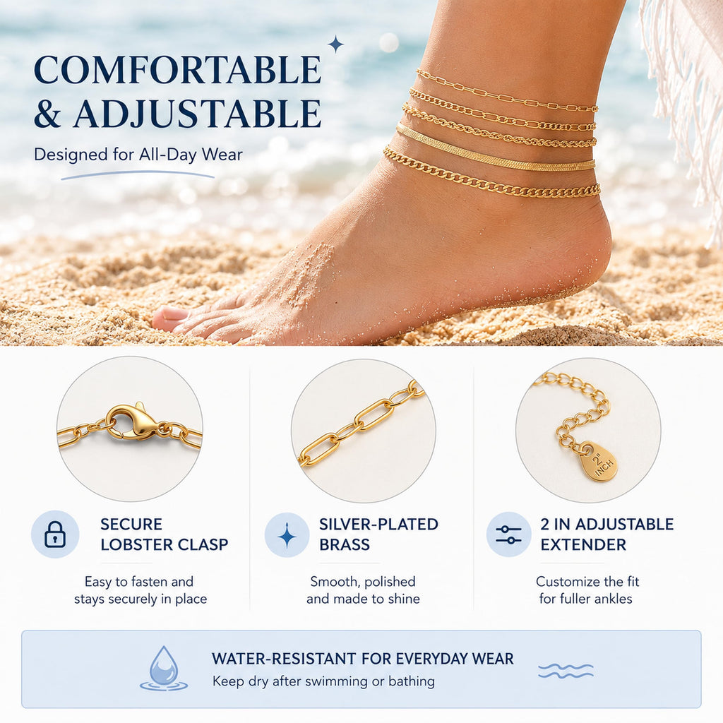 AOZEL Plus Size Gold Anklets Set Large Ankle Bracelets for Women Waterproof Non Tarnish 12 inch