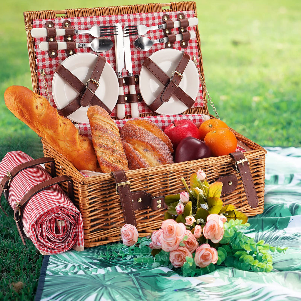 HYBDAMAI Picnic Basket for 4 Persons with Waterproof Picnic Blanket and Insulated Cooler, Large Wicker Picnic Basket for Camping, Outdoors, Valentine's Day, Christmas, Birthday, Wedding Gift