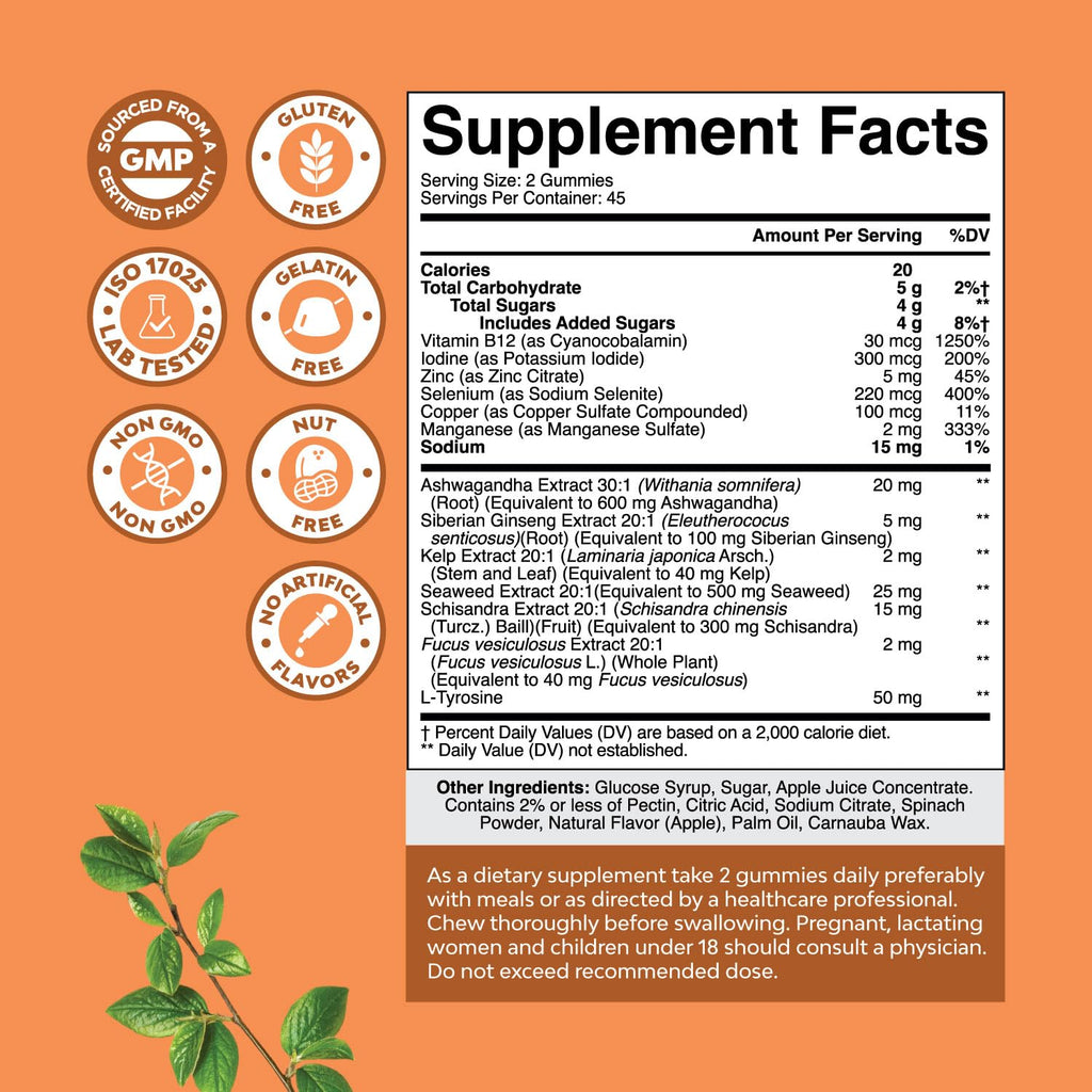 Vegan Thyroid Support Gummies with Sea Moss - Thyroid Support Gummies for Comprehensive Support for Men and Women with Iodine Selenium and Other Potent Vitamins - Gelatin-Free Non-GMO - 90 Count