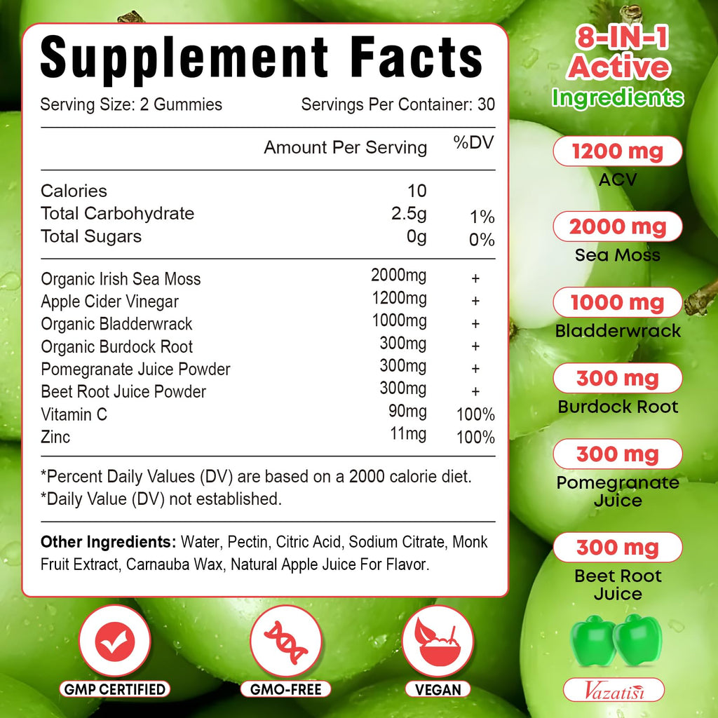 Vazatisi 2 Pack Apple Cider Vinegar Gummies, ACV with Sea Moss Gummies for Metabolism, Digestion, Detox, Gut & Immune Health, Apple Flavored -120 Count