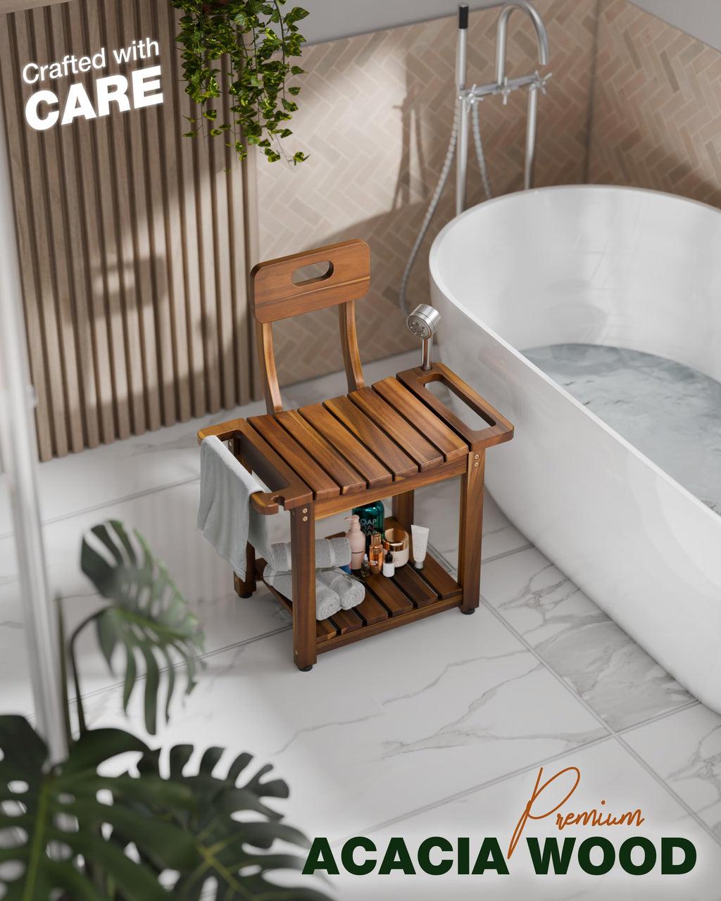 BLUEWEST 23.4'' Shower Chair with Backrest Bath Chair for Inside Shower or Tub, Heavy Duty 450 lbs Support, Non-Slip Feet, Shelf Storage, Built-in Handles for Elderly or Adults (Acacia)
