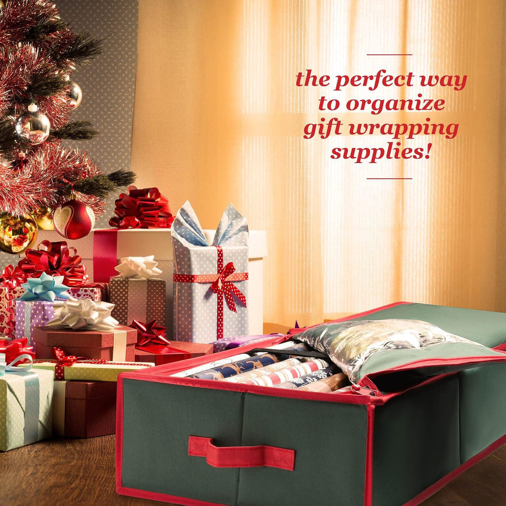 Premium Wrapping Paper Organizer Storage | Gift Wrap Holder With Extra Pockets for Christmas Decorations, Reinforced Handles, Heavy Duty, Ultra-Durable, Tear-Proof Fabric - Fits Up to 27 Rolls (Green)