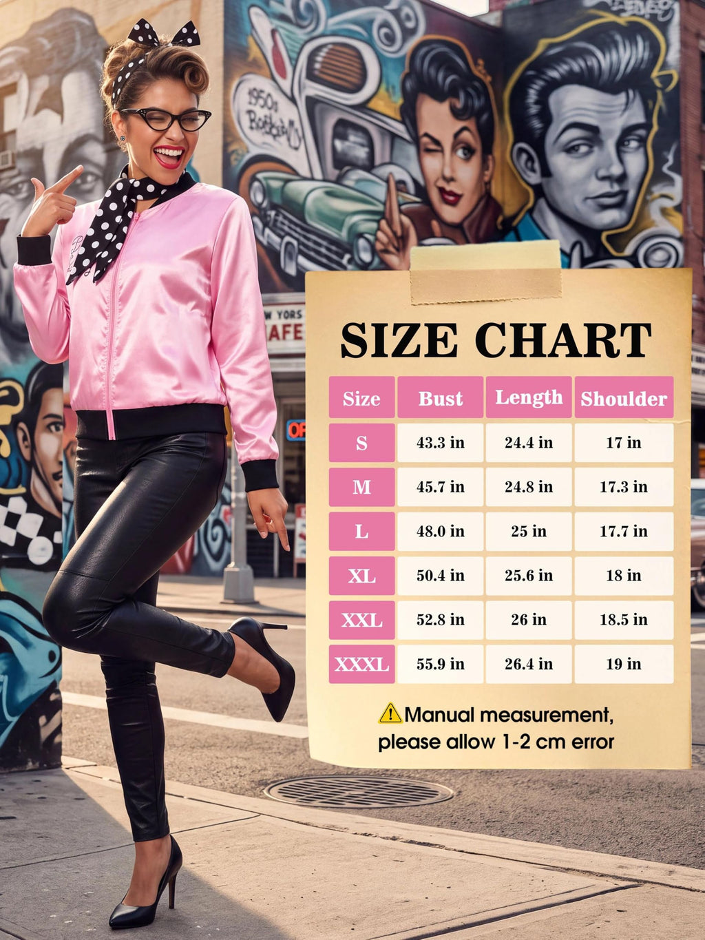 SOMSOC 5 Pieces 1950s Women Pink Satin Jacket with Polka Dot Scarf Headband Earrings Eye Glasses Halloween Party Costume Set
