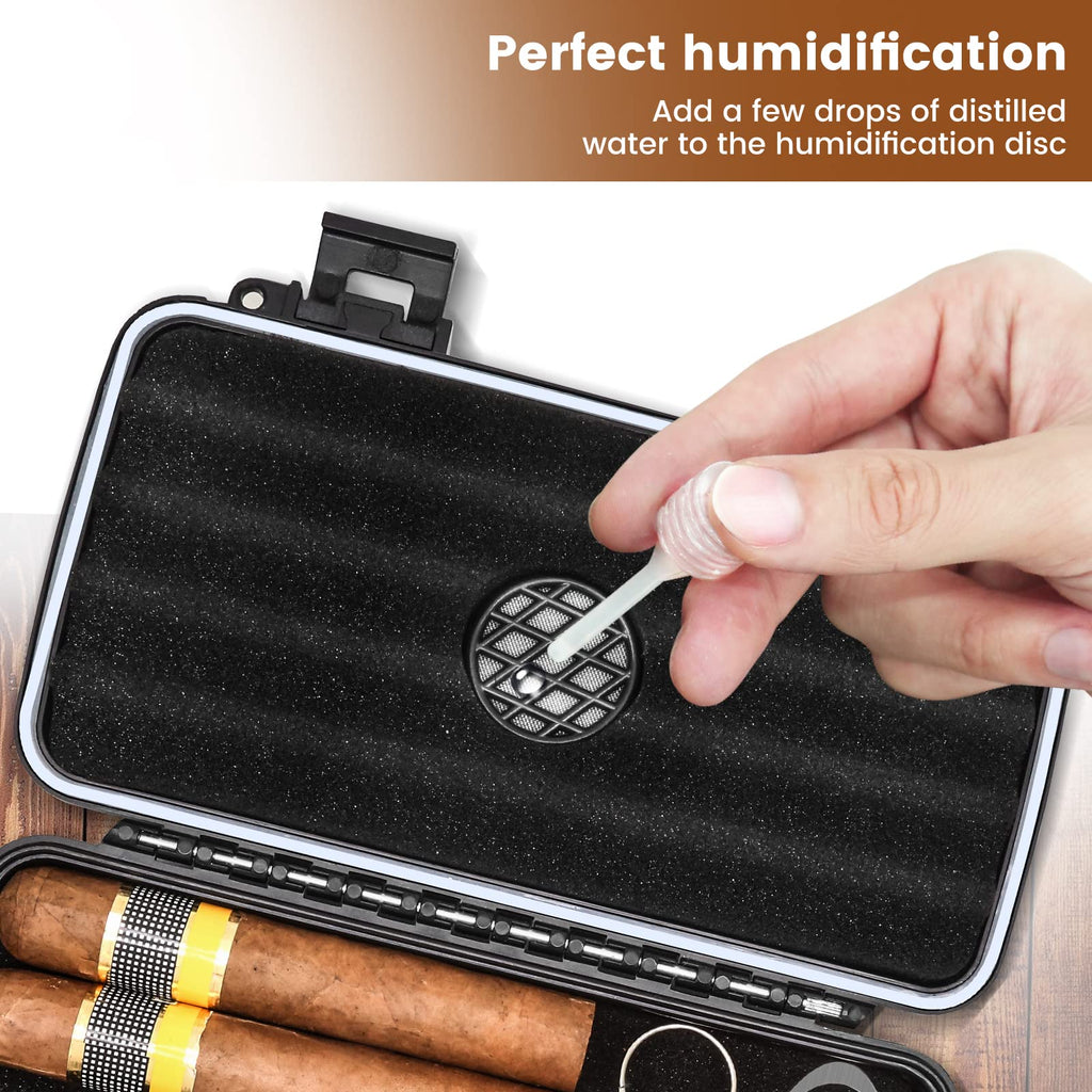 Flauno Travel Cigar Humidor Case - Portable Humidor Kit with Lighter (Without Gas), Cutter, Holder, Humidifier & Dropper, Waterproof, Crushproof, Airtight Seal (Holds up to 5 Cigars)