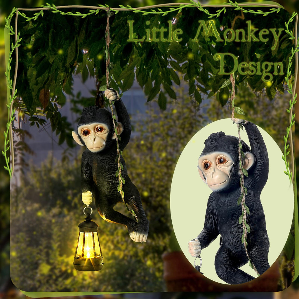 Rossesay Solar Light Outdoor Monkey Statues Black 13.78 Inch Resin Chimpanzee Baby Monkey Climbing on Vine with LED Lantern Waterproof Hanging Figurine with Hook for Yard Garden Wall