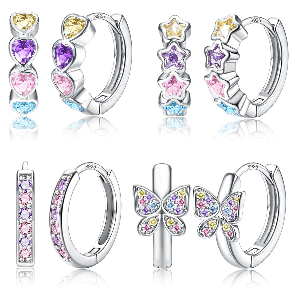 925 Sterling Silver Post Small Hoop Earrings For Girls - Hypoallergenic Huggie Earrings for Women Cute Heart Flowers Butterfly Star Cubic Zirconia Cartilage Earrings For Sensitive Ears Colorful 4Pairs