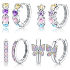 925 Sterling Silver Post Small Hoop Earrings For Girls - Hypoallergenic Huggie Earrings for Women Cute Heart Flowers Butterfly Star Cubic Zirconia Cartilage Earrings For Sensitive Ears Colorful 4Pairs