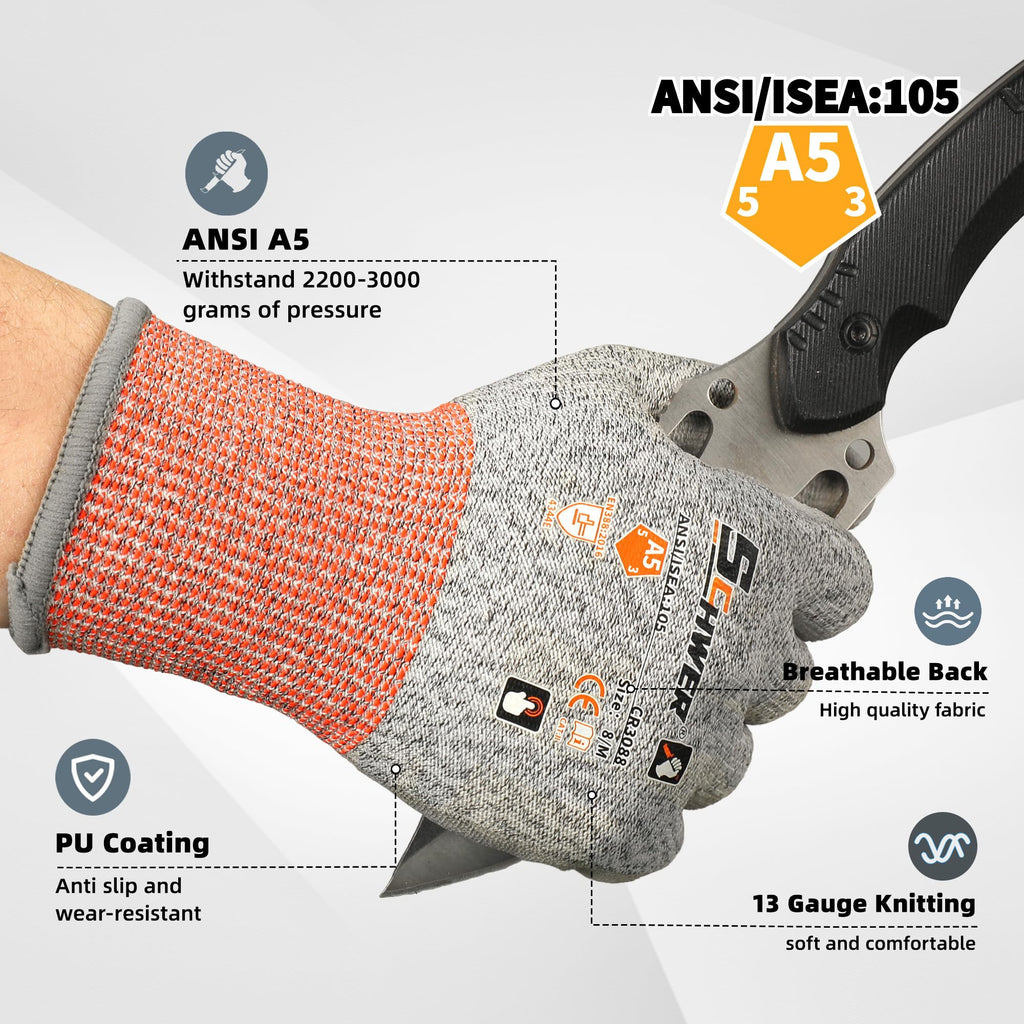 Schwer 12 Pairs ANSI A5 Cut Resistant Work Gloves, Cut Proof Gloves with PU Coating, Used for Metal Fabrication, WoodWorking, Construction, Non Slip, Durable, Non PFAS, XL, CR3088
