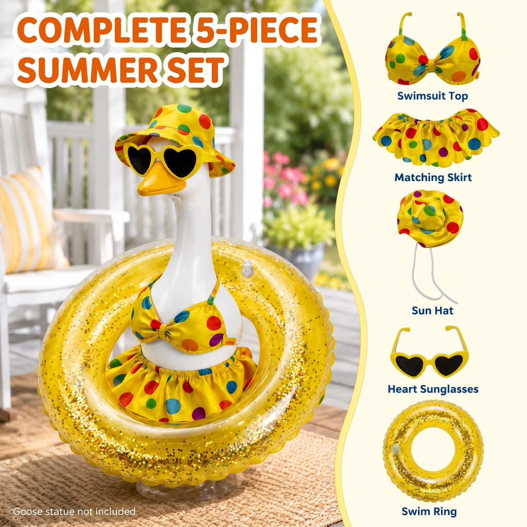 DaGailen Summer Porch Goose Outfits 23 Inch, Yellow Polka Dot Porch Goose Bikini with Swim Ring, Sun Hat Heart Sunglasses Porch Goose Accessories for Yard Garden Patio Decor