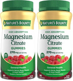 Nature's Bounty Magnesium Citrate Gummies for Adults,Supports General Health,Bone,Nerve,Muscle & Heart Health Support,270mg per Serving,Vegan,Non-GMO - Raspberry,90 Count (Pack of 2)
