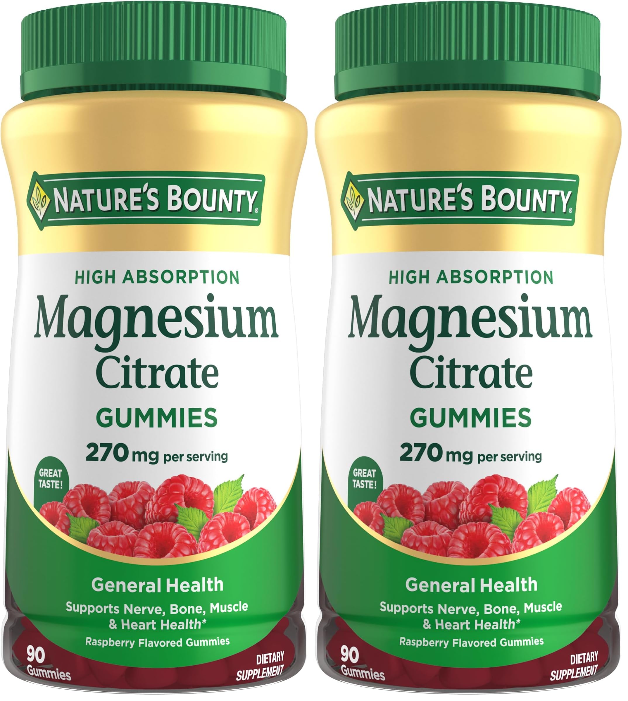 Nature's Bounty Magnesium Citrate Gummies for Adults,Supports General Health,Bone,Nerve,Muscle & Heart Health Support,270mg per Serving,Vegan,Non-GMO - Raspberry,90 Count (Pack of 2)