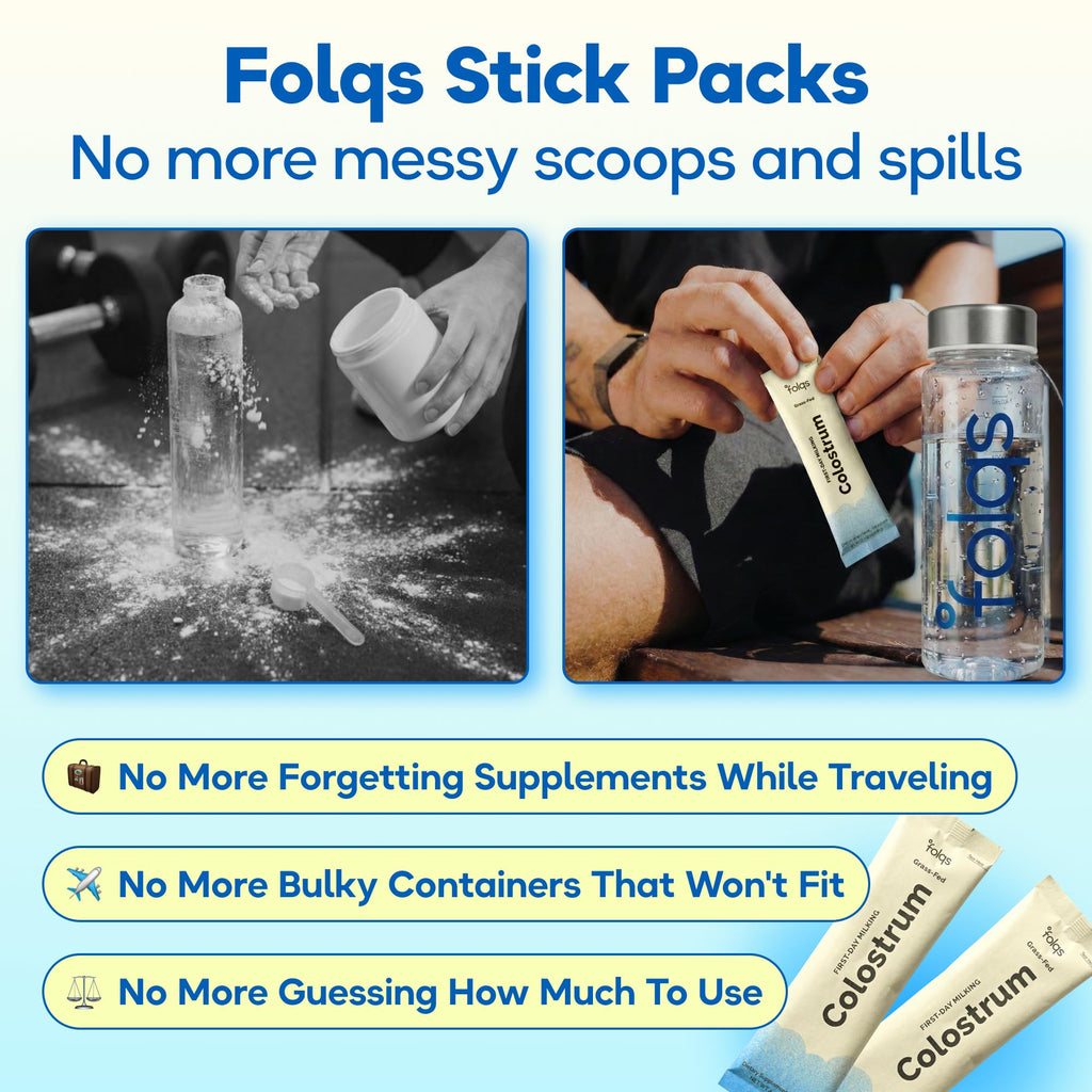Folqs Bovine Colostrum Powder - First-Day Milking for Immune and Gut Support - 30 Servings - Supports Skin, Tissue Health - Made in USA - Amino Acids, Vitamins, Minerals - Kosher - Sustainably Sourced