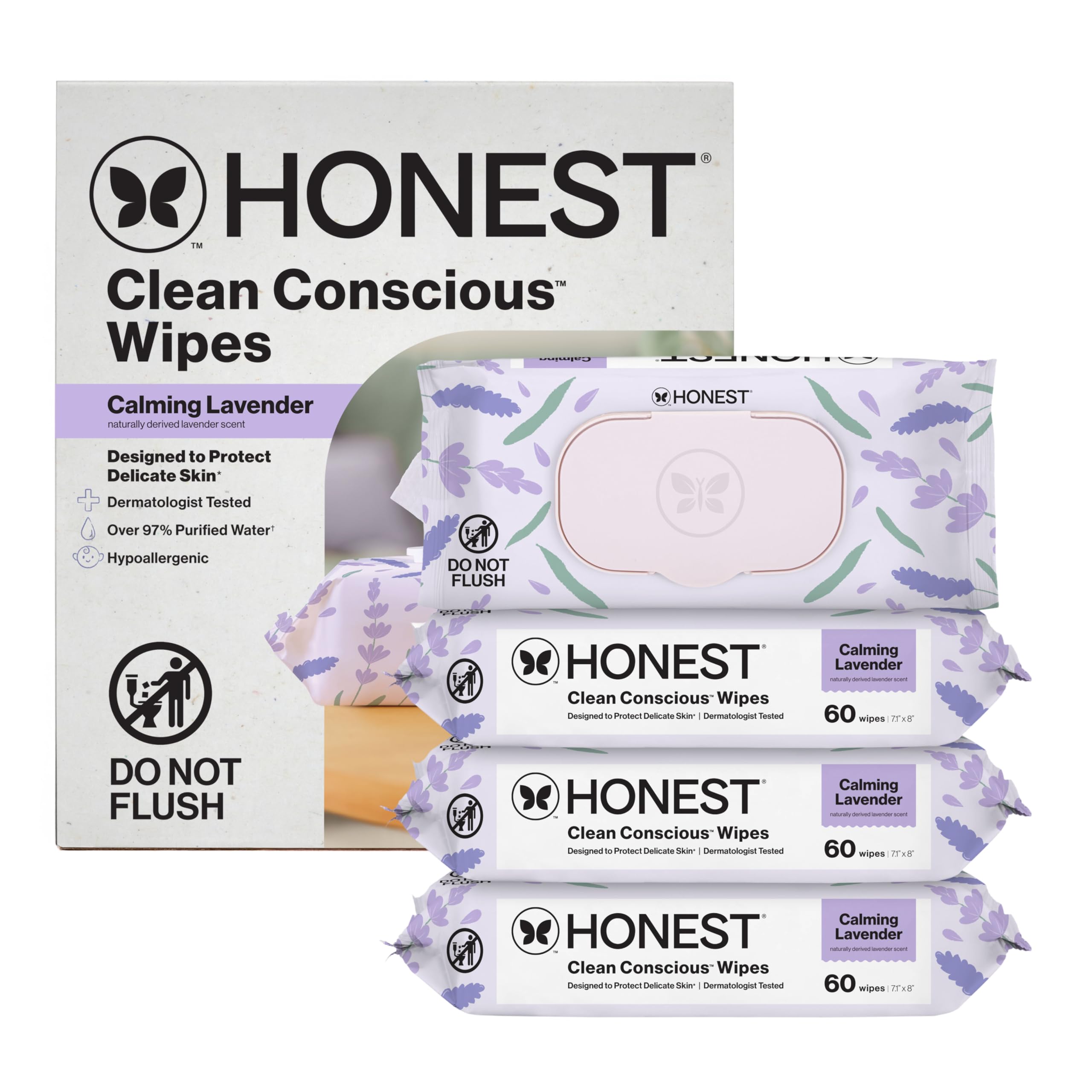 The Honest Company Calm and Cleanse Naturally Scented Wipes, Cleansing, Multi-Tasking, 99% Water Plant Based, Hypoallergenic, Lavender, 240 Count