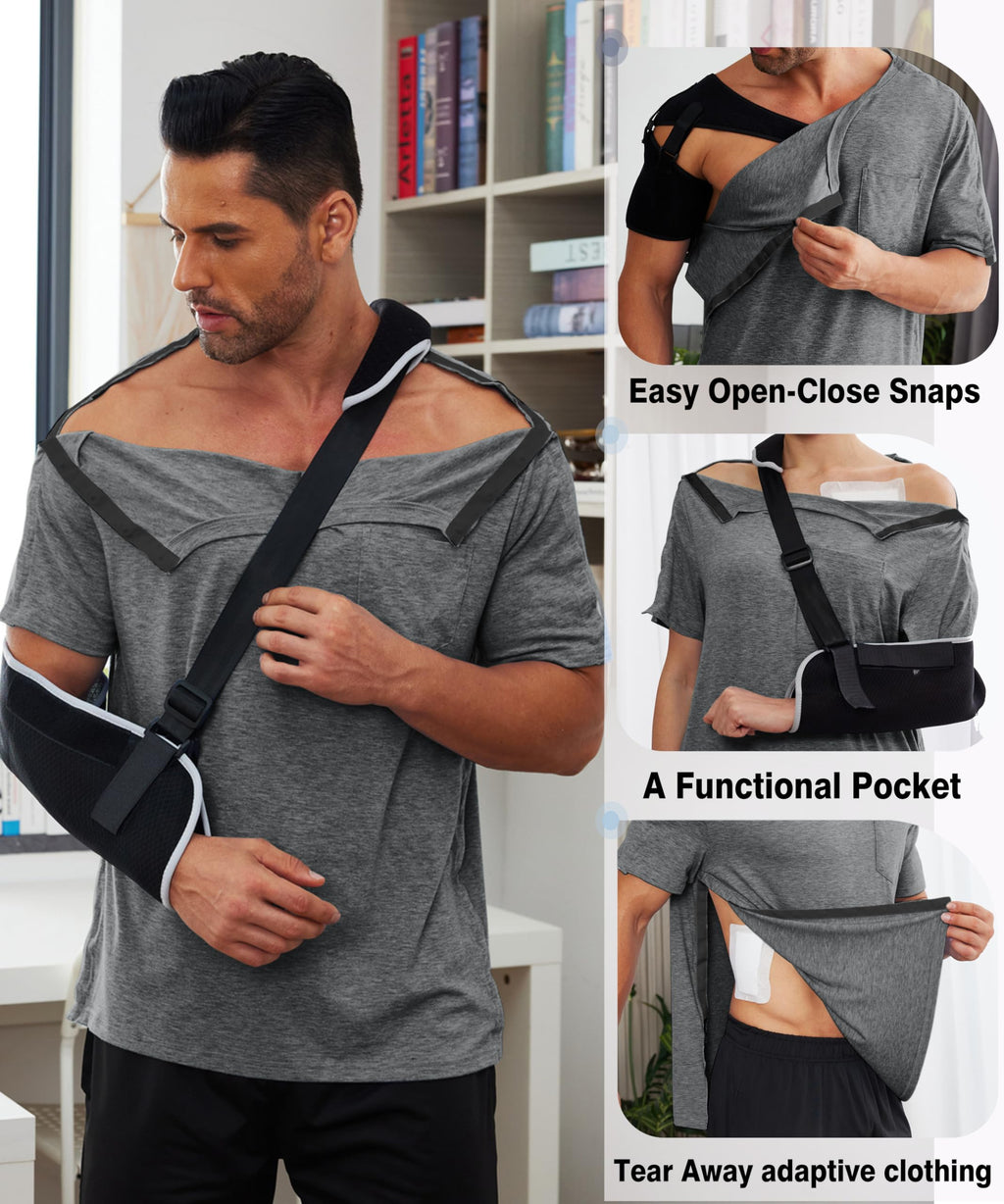 Deyeek Shoulder Surgery Shirts for Men Side Snap Short Sleeves Tear Away Shirts Rotator Cuff Dialysis Recovery Chemo Shirts