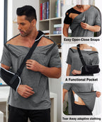 Deyeek Shoulder Surgery Shirts for Men Side Snap Short Sleeves Tear Away Shirts Rotator Cuff Dialysis Recovery Chemo Shirts