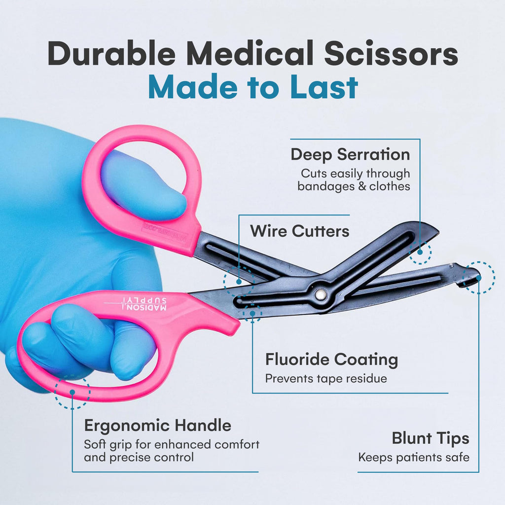Madison Supply 2 Pack Trauma Shears - 7.5 Inch Nurse Scissors with Quality Stainless Steel, Non-Stick Fluoride-Coated Blades, High-Impact Handles - Medical Bandage Scissors - Pink