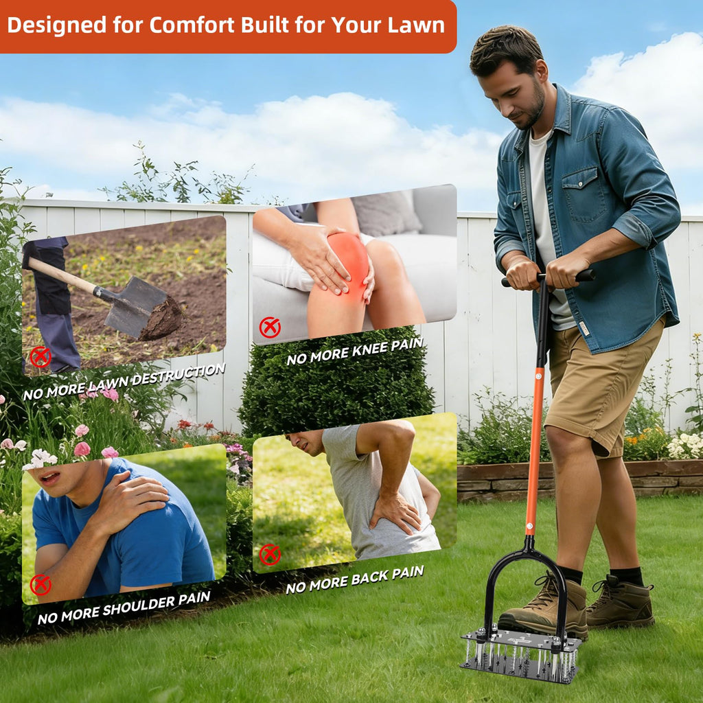 GAINO Manual Lawn Aerator Tool with 15 Spikes, 32"-35" Adjustable T-Handle Aerator for Lawn, Automatic Dirt Ejection Design, Heavy Duty Yard Grass Aerator for Soil Compaction, Black & Orange