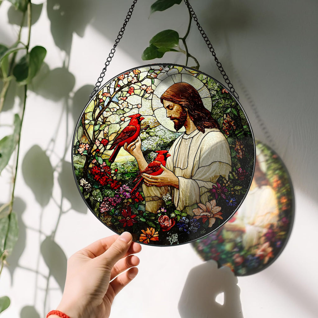 8-Inch Jesus with Cardinals Suncatcher Ornament, Stained Glass Window Hanging & Religious Christmas Ornament, Christian Window Decor — Memorial Gift, Christian Gifts for Her, Religious Gifts