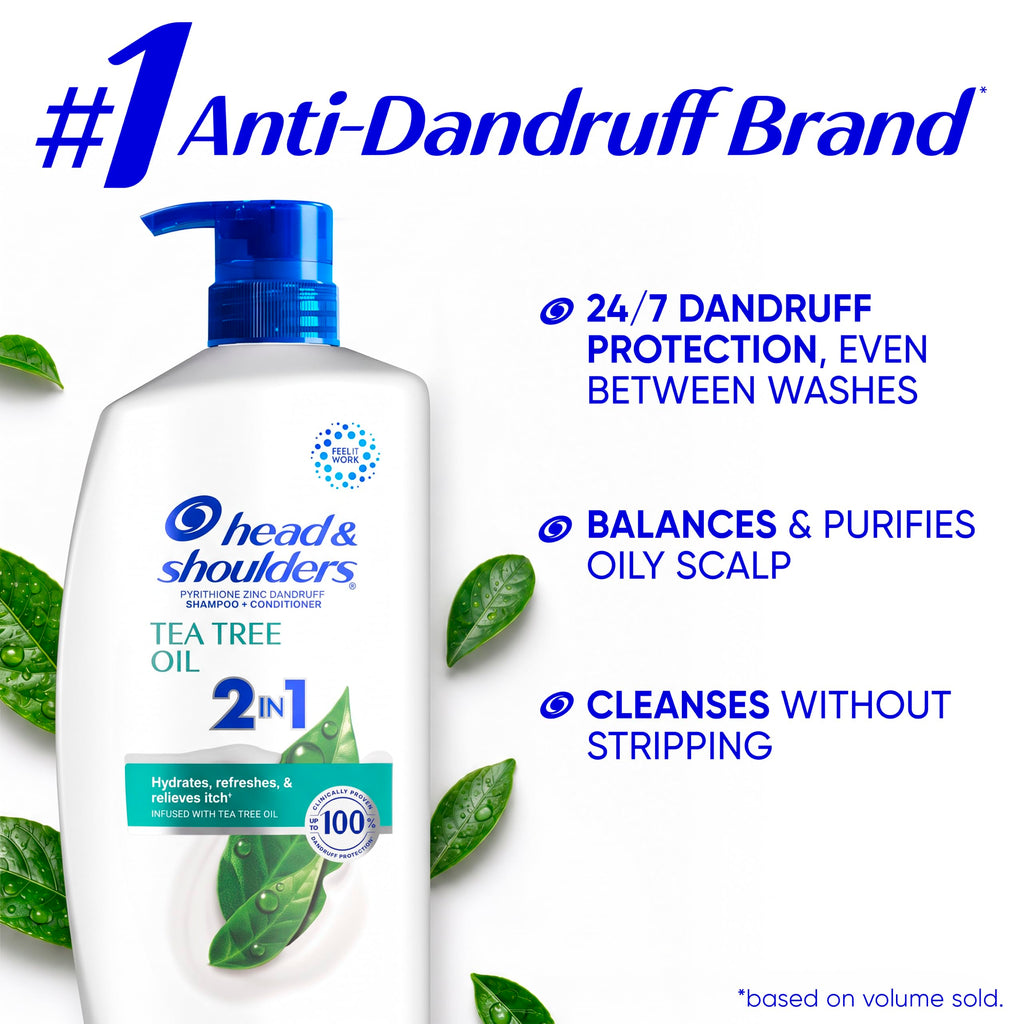Head & Shoulders Tea Tree Oil 2-in-1 Anti-Dandruff Shampoo and Conditioner Twin Pack, 72-Hour Protection, 1% Pyrithione Zinc, 32.1 fl oz Each